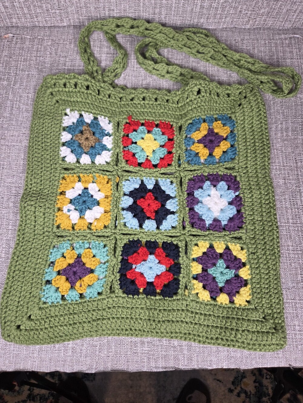 Granny Square Green Handmade Crochet Knit Bag unlined Boho Purse